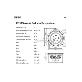 STEG MT4 TESLA MODEL3 high end middentoon luidspreker set 30 watts RMS