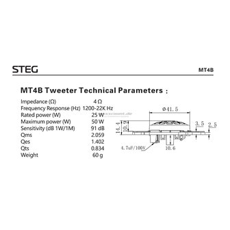 STEG MT4B TESLA MODEL3 high end ceramic (center) tweeter 25 watts RMS