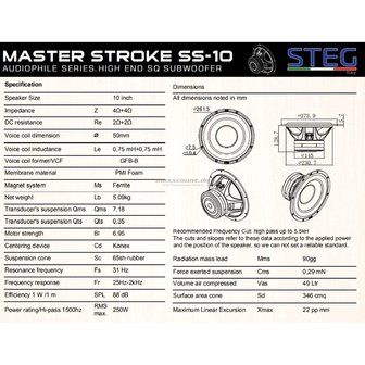 STEG Master Stroke SS-10 high end subwoofer 10 inch 250 watts RMS DVC 4 ohms