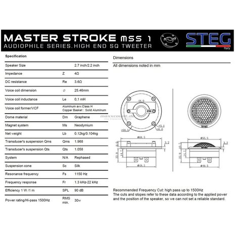 STEG Master Stroke MSS1 high end  tweeter set 30 watts RMS 4 ohms