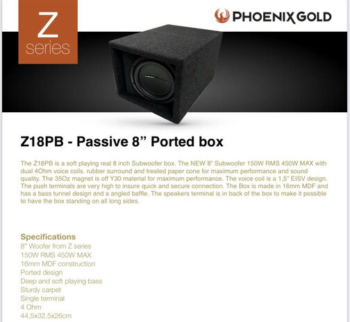 Phoenix Gold Z18PB bassreflex kist 8 inch 150 watts RMS 4 ohms