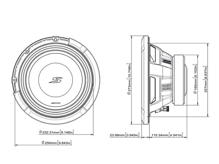 Alpine S2-W10D2 subwoofer 10 inch 600 watts RMS DVC 2 ohms