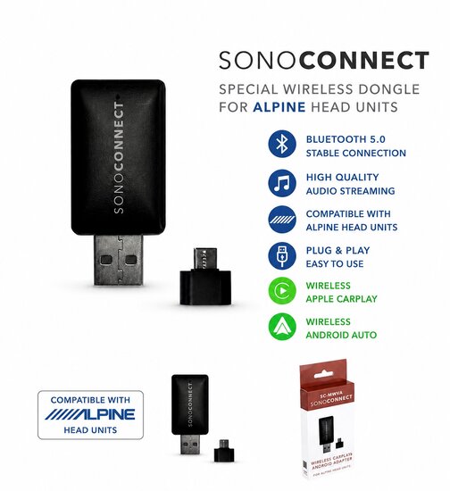 SONO CONNECT SC-MiWAA wireless CarPlay &amp; Android Auto adapter speciaal voor Alpine en universeel