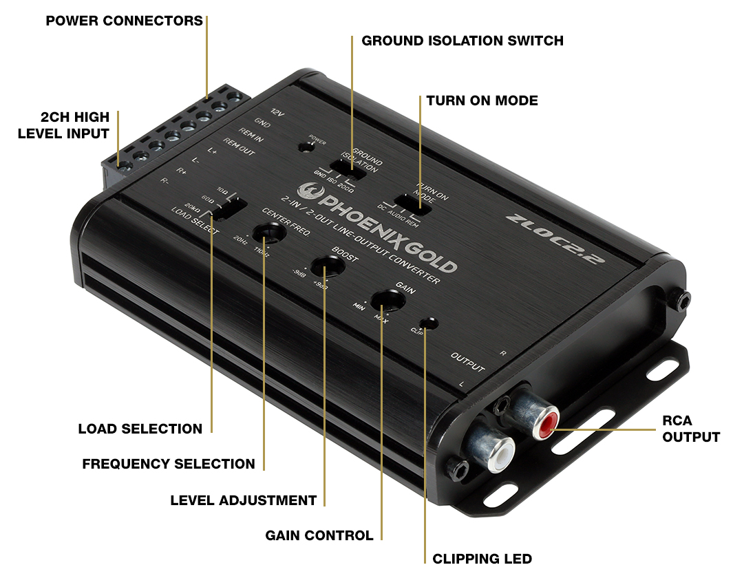 Phoenix Gold ZLOC2.2 high end Hi-Lo converter 2 kanaals met Bass Cube
