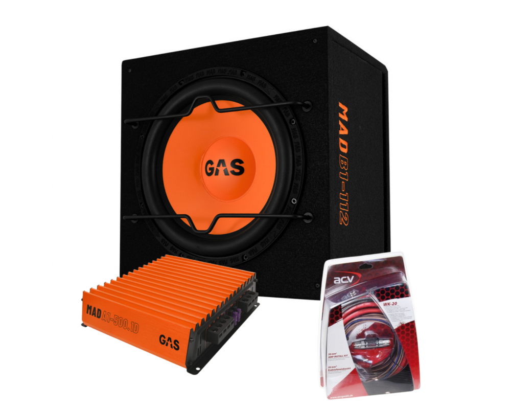 GAS MAD subwoofer set MAD B1-112 + MAD A1-500.1D + WK20 kabelset